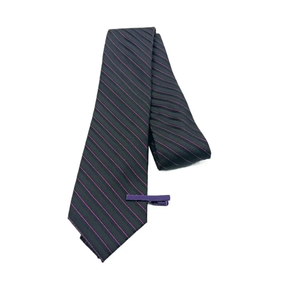 JF J Ferrar Thin Stripe Tie + Clip  Mens 59” Black Purple Metallic Skinny New